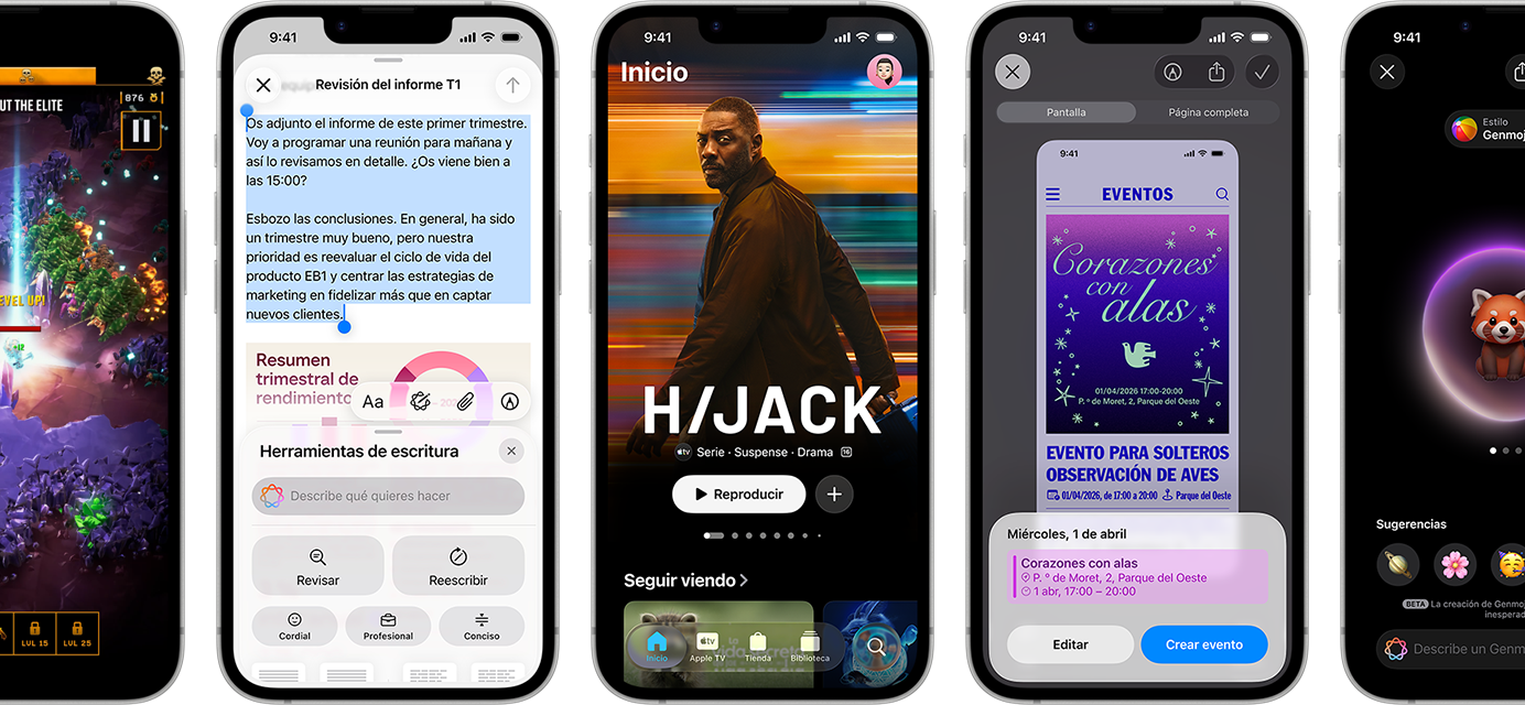 Varios iPhone 17e uno al lado del otro que muestran distintas pantallas: un juego, Herramientas de Escritura, la app Apple TV, la creación de un evento en el calendario y la creación de un Genmoji