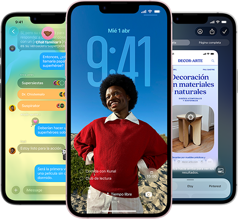 Tres iPhone 17e, se muestra la app Mensajes con el dise&ntilde;o Liquid Glass, la pantalla de bloqueo din&aacute;mica y la inteligencia visual en uso